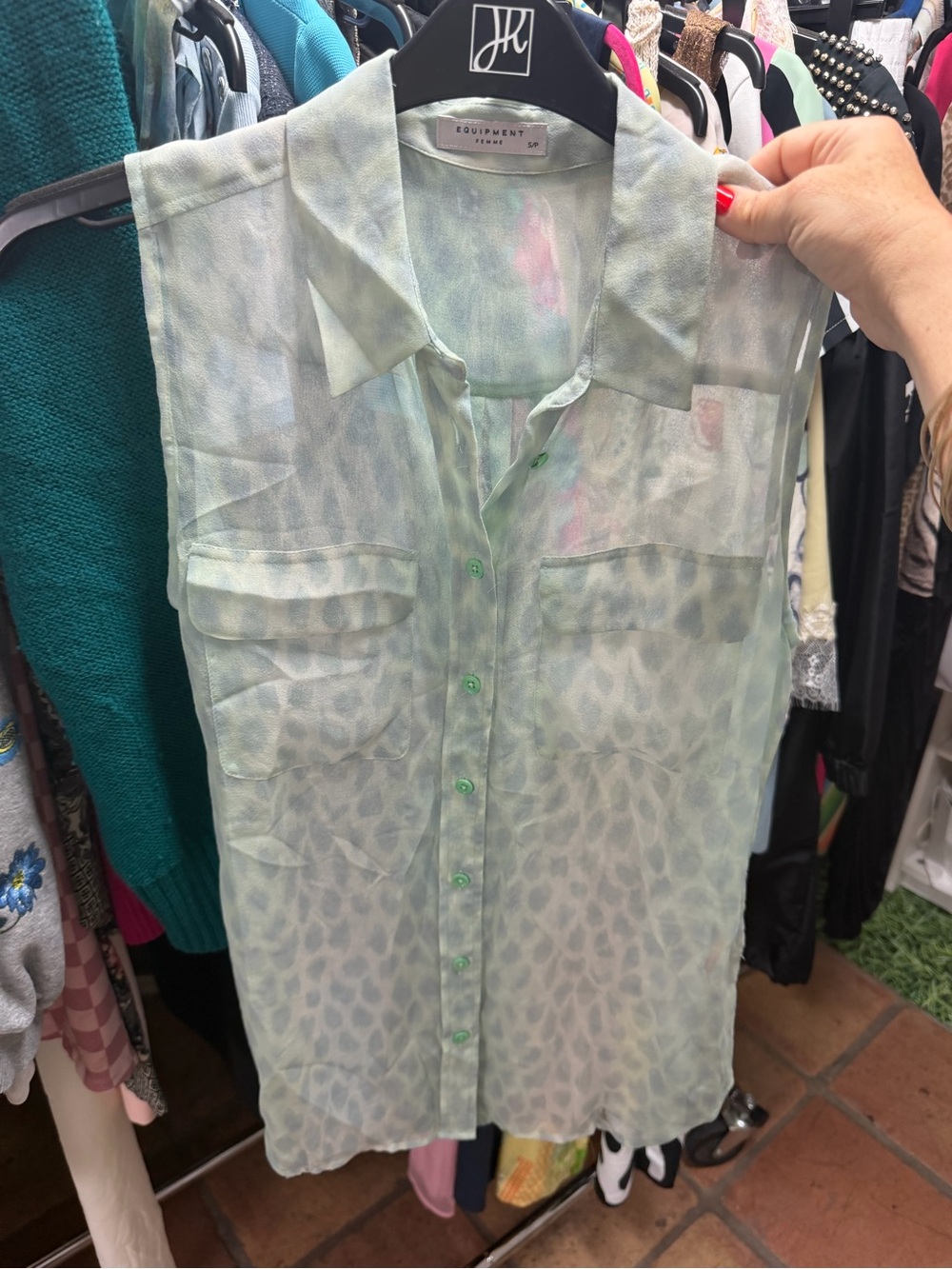 Equipment Sheer Mint Green Leopard-Print Sleeveless Button-Front Blouse